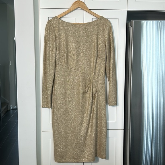 Lauren Ralph Lauren Gold Tone Sparkle Long Sleeve Cocktail Midi Dress Size 12 - Picture 5 of 17
